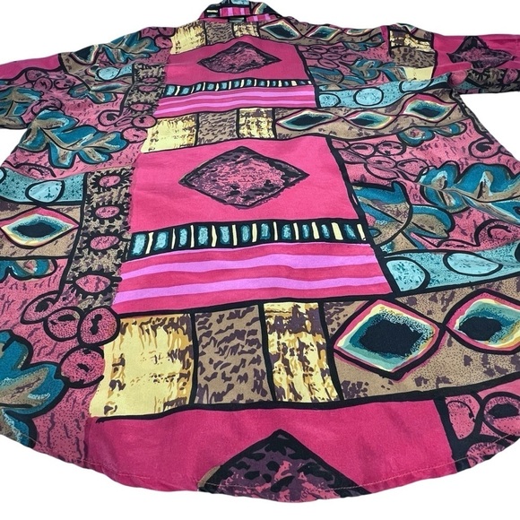 VTG STUNT COLLECTIONS Abstract Pattern Short Sleeve 100% Silk Shirt Women's L - Picture 11 of 16
